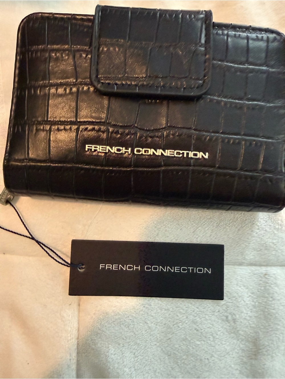French Connection Black Croc-Embossed Zip Wallet